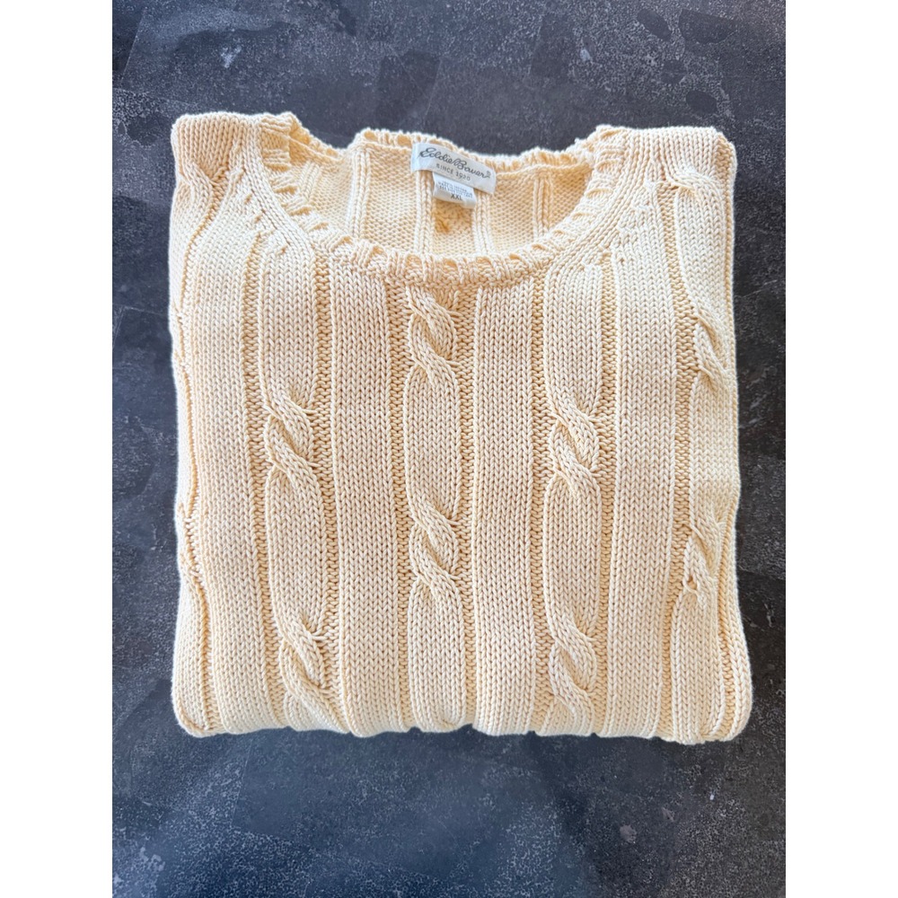 Eddie Bauer Womens XXL Butter Yellow Cable Knit 100% Cotton Crew Neck Sweater